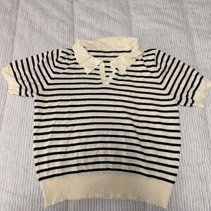 Women’s Striped  Polo Top - Black & Cream